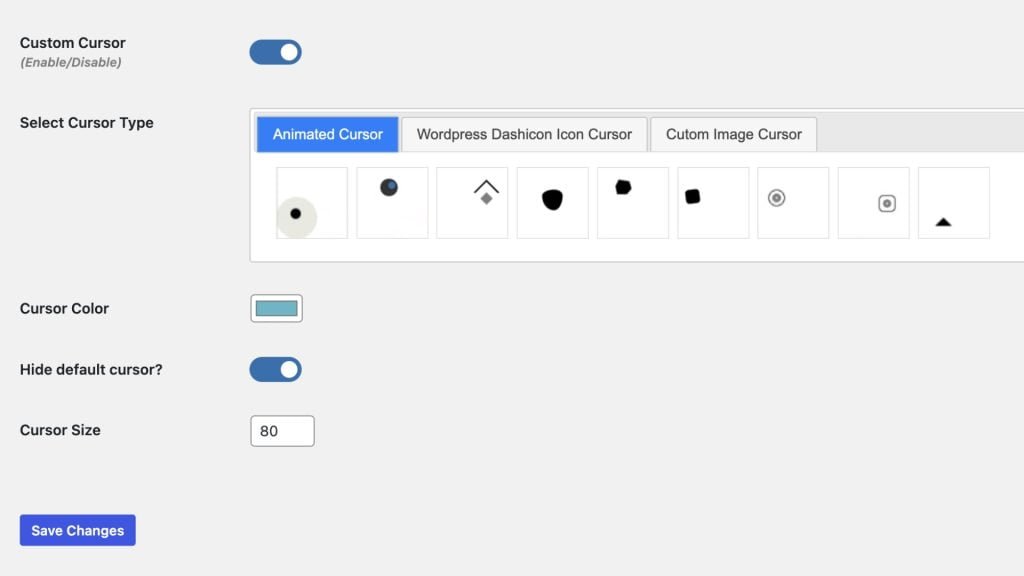 Interface of a WordPress plugin showing options for animated cursors, cursor color, and size adjustments, with toggles for enabling or disabling the default cursor.