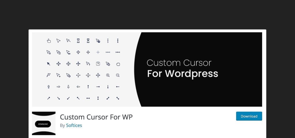 Screenshot of a webpage featuring a variety of custom cursor designs for WordPress, including arrows and symbols, with a download button from Softices.