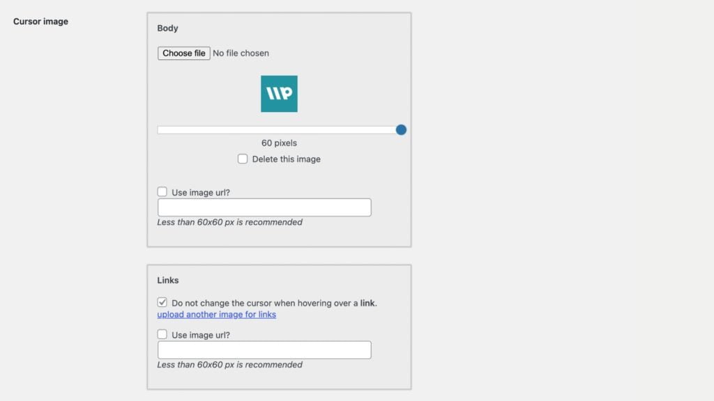 WordPress plugin interface for customizing mouse cursors with options to upload different images for body and links, and settings for image size and usage URL.