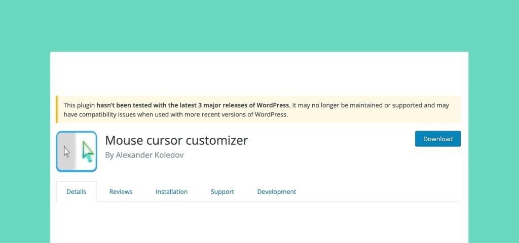 Web page of Mouse Cursor Customizer WordPress plugin by Alexander Koledov, featuring download details, reviews, and support sections.