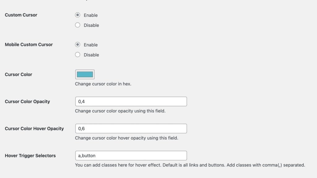 Settings page of a WordPress plugin for customizing mouse cursor color, opacity, and hover effects, with fields for hex color values and CSS class selectors.