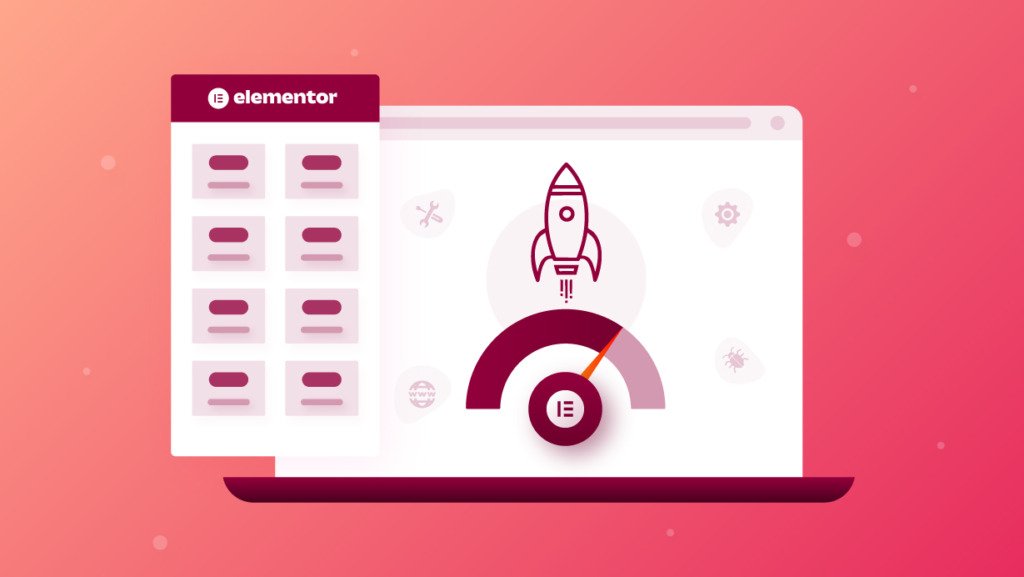 Elementor web design interface on laptop with rocket speed icon and performance metrics.