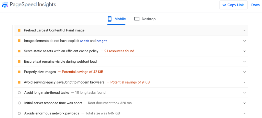 PageSpeed Insights performance analysis tool highlighting image optimization issues.