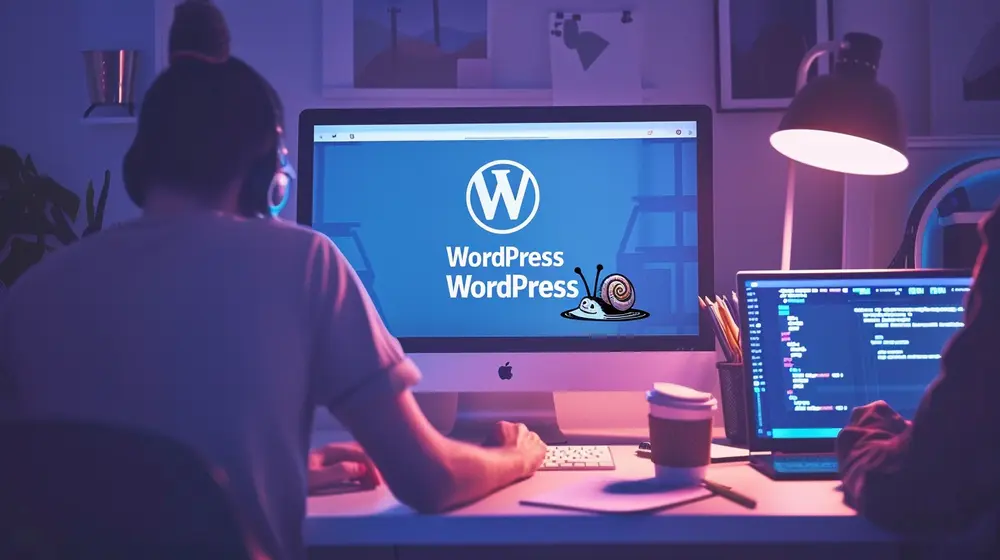 Man working at night in a home office with dual monitors displaying WordPress logos.