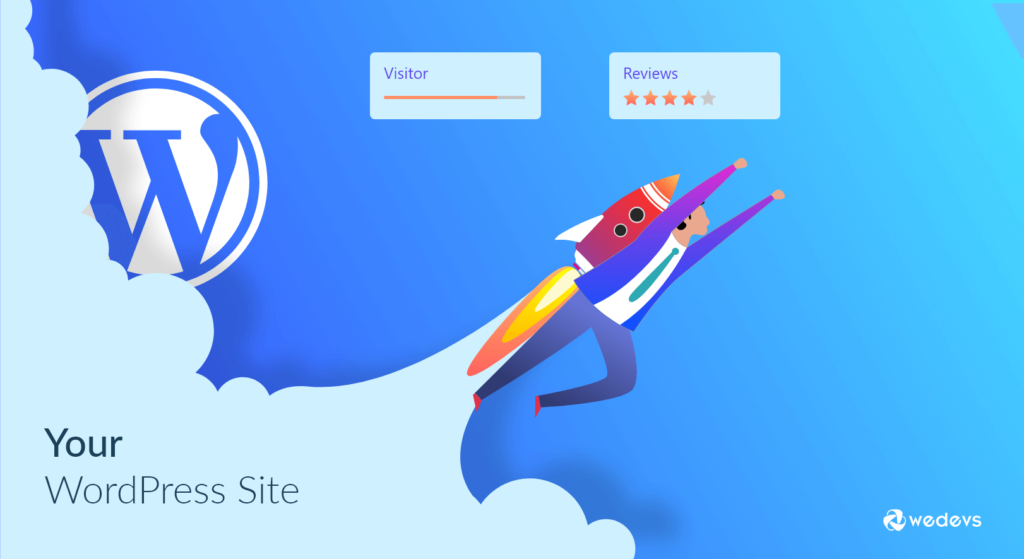 Playful illustration of a rocket character flying above clouds on a WordPress site landing page.