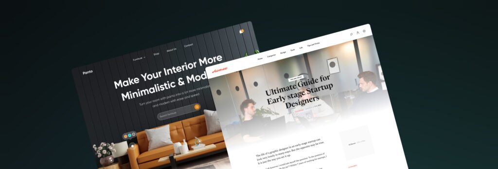 Web page design featuring minimalist and modern interior themes and guides for early-stage startup designers.