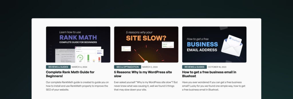 WP Talkz website presenting articles on Rank Math SEO guide, reasons for WordPress site slowdown, and obtaining free business email addresses