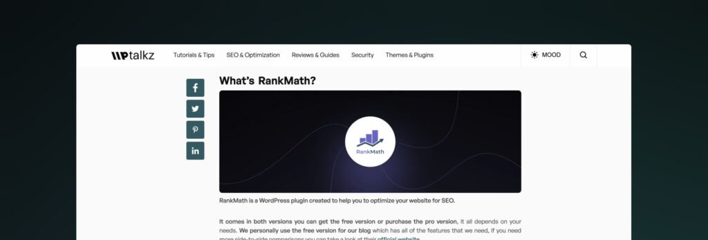 WP Talkz website discussing RankMath, a WordPress plugin for SEO optimization