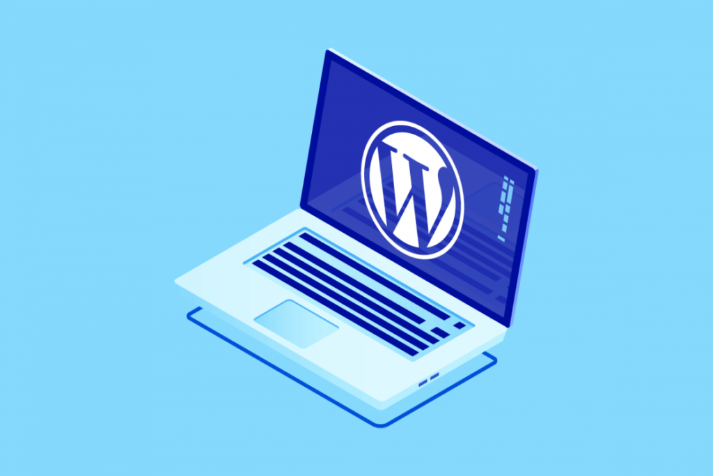 Minimalist design of a laptop with a prominent WordPress logo on its screen, set against a light blue background.