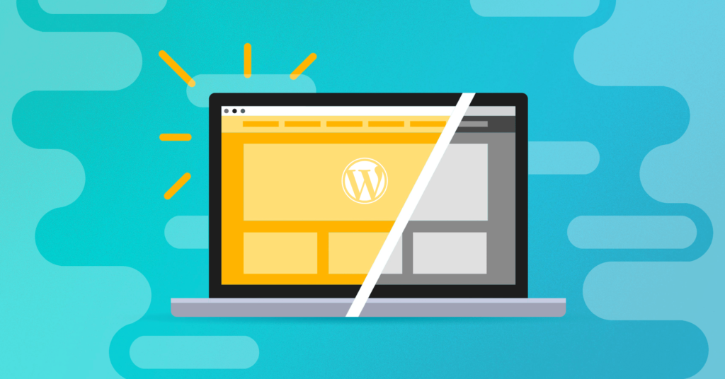 Illustration of a split screen laptop showing classic and modern WordPress interfaces on blue and yellow backgrounds.