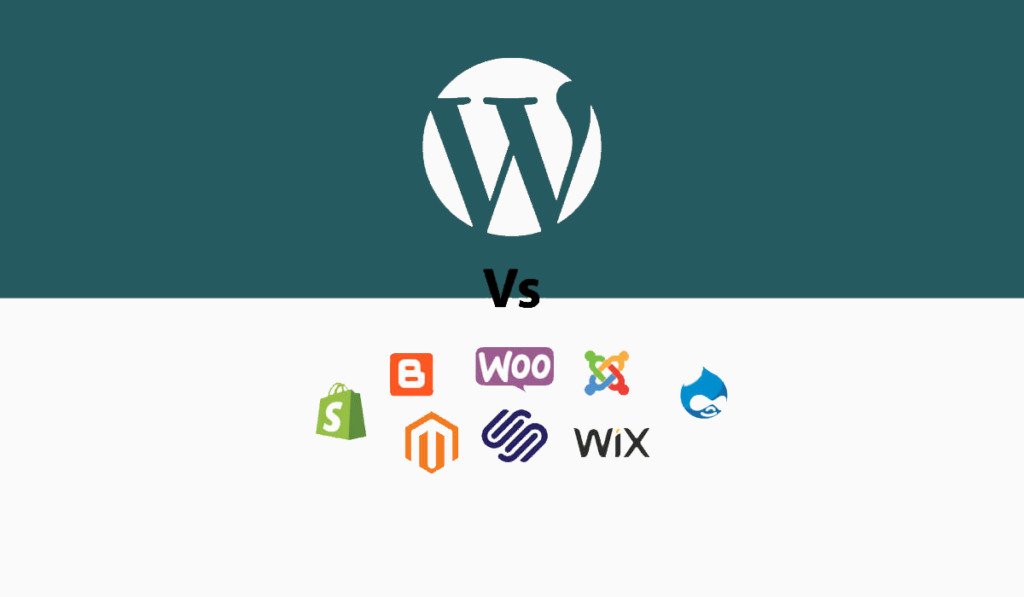 WordPress logo comparison against logos of Shopify, BigCommerce, WooCommerce, Joomla, Magento, Squarespace, and Wix on a green and teal background.